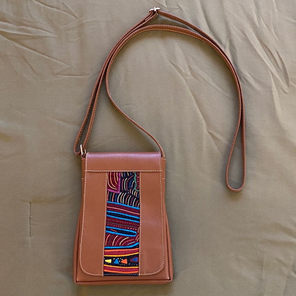 Brown Leather Crossbody Bag with Colorful Pattern